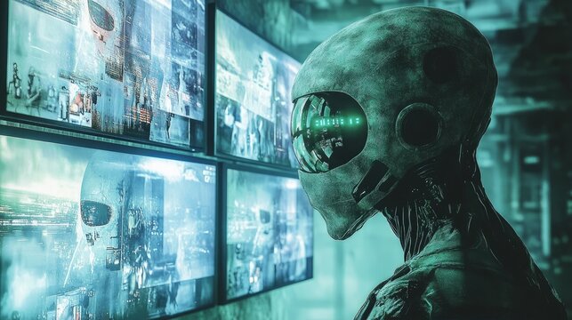 cybernetic alien race observing Earth with multiple monitors displaying human activities
