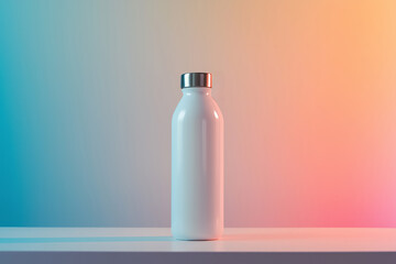 Minimalist stock photography of a white reusable water bottle on a white table against a soft gradient background for design mockup purposes