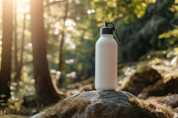 Reusable white water bottle on a smooth stone amidst a serene forest with sunlight filtering through the trees, perfect for eco-friendly lifestyle mockup designs