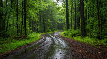 Obraz premium Winding rain-soaked path through lush forest nature scene tranquil landscape serene setting atmospheric view