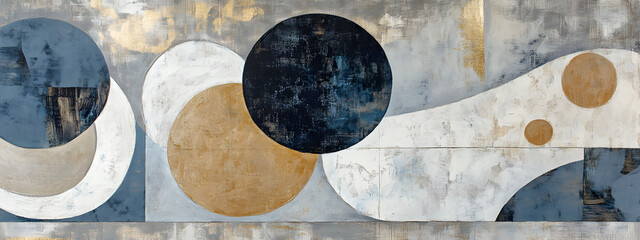 Abstract modern painting with circles and shapes in gray, beige, blue, brown, white, and gold colors
