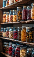 Rustic shelves, pantry, preserved fruits, jars, food storage, shop, background blur, healthy eating