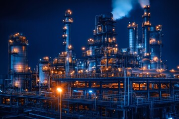 Petrochemical plant emitting smoke at night, industrial landscape