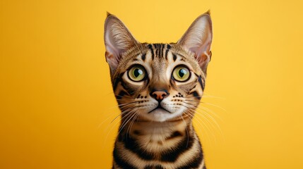 Obraz premium Surprised Cute Bengal Cat with Big Green Eyes on Yellow Background, Close-up Portrait