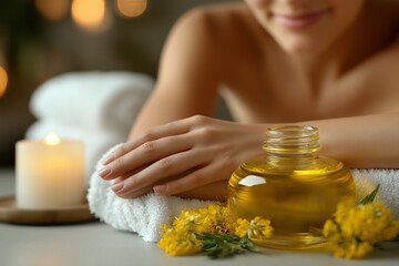 Obraz na płótnie Canvas A woman relaxes with immortelle-infused oil and yellow flowers on a white towel, with a candle softly glowing in the background
