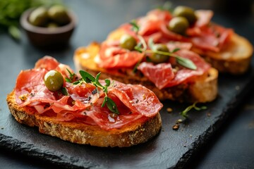 Delicious bruschetta with cured ham, thyme, and green olives resting on slate platter