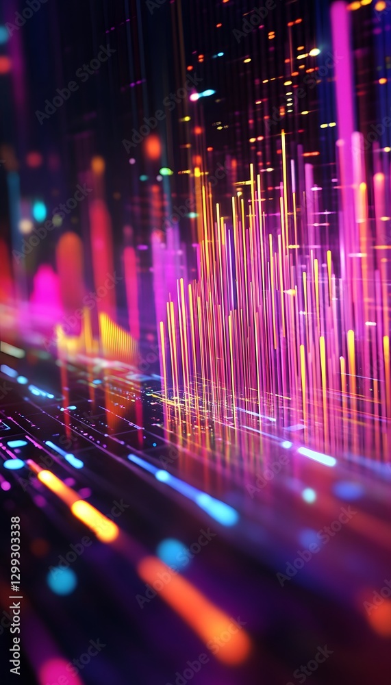 Poster abstract digital data visualization showing bars of different colors moving forward