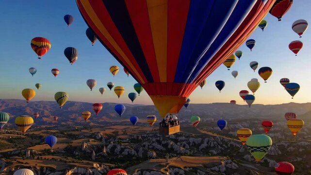 Video captures vibrant hot air balloons floating over scenic landscapes, showcasing colorful patterns from a wide-angle camera angle.