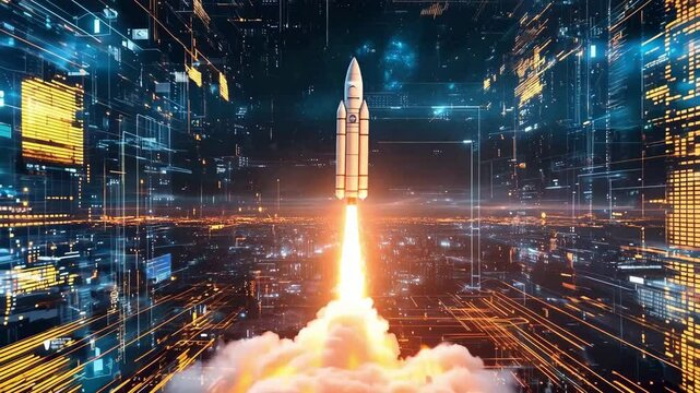 A rocket lifts off against a digital technology background featuring intricate data displays and a futuristic atmosphere - Powered by Adobe