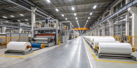 Fototapeta premium Manufacturing facility showcasing large rolls of material and advanced machinery during the production process in a spacious industrial environment
