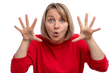 A surprised woman in a red sweater with hands raised, expressing excitement against a white...