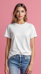 Obraz premium Woman in white shirt on the pink background