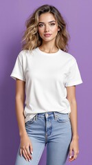 Obraz premium Woman in white shirt on the violet background