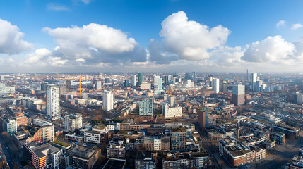 Obraz premium Aerial Panorama Of A City Showing A Dense Urban Landscape With Blue Cloudy Sky And Modern Architecture
