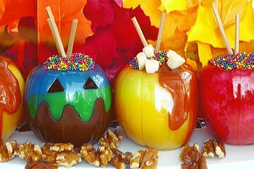 Naklejka premium Autumnal Apple Treats: A vibrant display of colorful, candied apples, each adorned with delightful toppings, alongside a scattering of fresh walnuts.