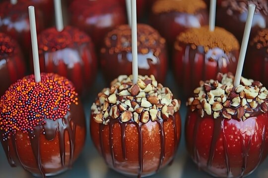 Sweet Temptations: Close-up shot of an assortment of gourmet candy apples, glazed in rich, glossy chocolate, and adorned with a variety of colorful toppings.