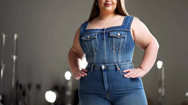 Plus size female model posing in denim jeans jumpsuit in photo studio