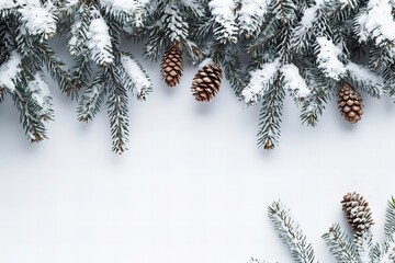 Close-Up of Snow-Covered Fir Tree Branches with Pine Cones on White Background