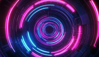 Futuristic neon tunnel, swirling circles, glowing lines, digital art, for background