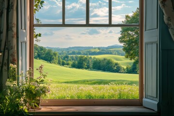 Open window overlooking rolling green hills and lush fields