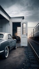 Open Door And Retro Car Next To Train Tracks