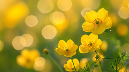 Fototapeta premium Vibrant yellow buttercup flowers blooming in nature close-up photography sunny environment soft focus viewpoint