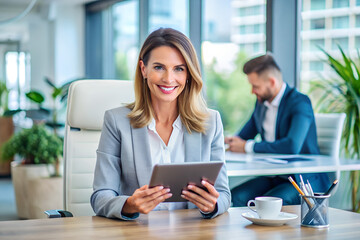Obraz premium Happy and successful woman sitting at desk with tablet computer. Businesswoman at workplace inside office smiling and looking at camera, using financial app.