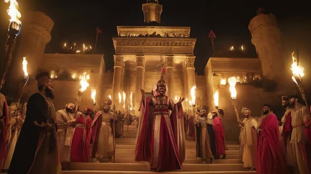Adult Middle Eastern men in ornate robes celebrate the Assyrian New Year, carrying torches in a grand processional. A king leads the way, showcasing ancient traditions and cultural heritage.