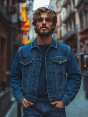 Fototapeta premium Young man wearing denim jacket and glasses posing in city street