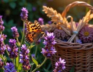 Obraz premium Beautiful butterfly perched on vibrant lavender flowers near a woven basket during golden hour