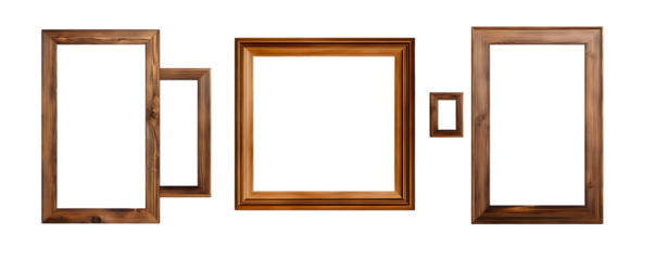 Set of empty natural wooden photo frames on transparent background. Realistic border wooden rectangular picture frame for design, Image display concept