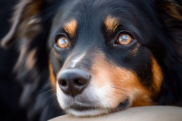 Close-up of a dog resting with expressive eyes on a comfortable surface in a cozy indoor setting