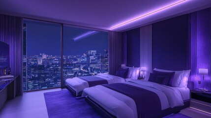 Night Cityscape View from Luxurious Purple Hotel Room