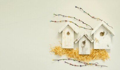 Easter composition for creating a holiday card with your own hands. Wooden houses and decorative spring branches. Spring bright holiday Easter.