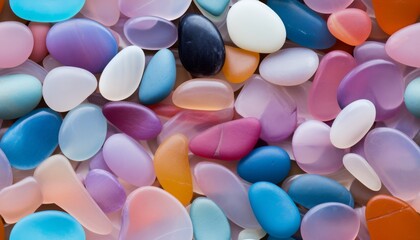 Pastel colored translucent small glass water stones seamless pattern.