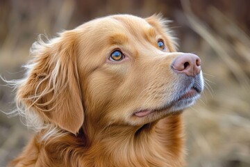 Golden retriever gazing thoughtfully in a natural setting on a calm day