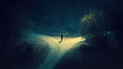 Nightfall Crossroads: A Solitary Figure at a Fork in the Road