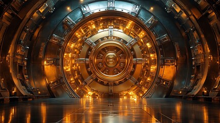 Obraz premium futuristic vault door metallic gold glowing portal high resolution hd picture