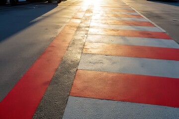 Pedestrian Crossing on Asphalt Pavement at Sunrise or Sunset with Red and White Stripes