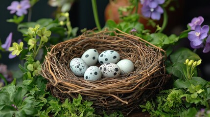 Obraz premium Speckled eggs nestled in a woven bird's nest surrounded by spring blooms
