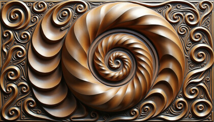 Intricate wooden shell relief carving with spirals and swirling patterns for decorative art

