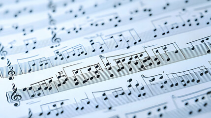 Obraz premium Close Up Of Printed Sheet Music With Musical Notes And Symbols In Blue Tones