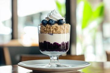 Elegant layered dessert with whipped cream, crumbs and fresh blueberries and cherries in a glass. Healthy breakfast or lunch, dieting, weight loss theme