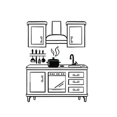 Line kitchen set with stove, black monochrome