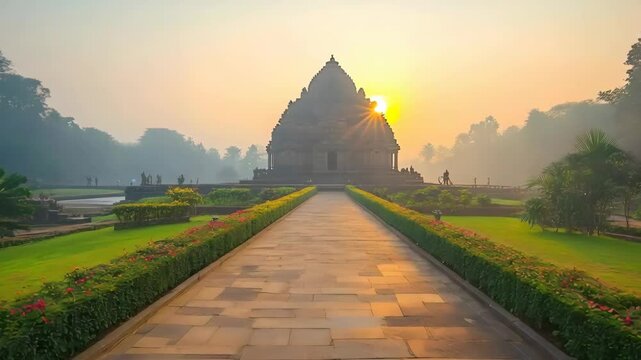 Odisha's Mukteshwar Temple, a Kalinga architectural masterpiece, bathes in the serene glow of sunrise. Tranquil pathways lead to this majestic structure, a beautiful sight on Odisha Day.