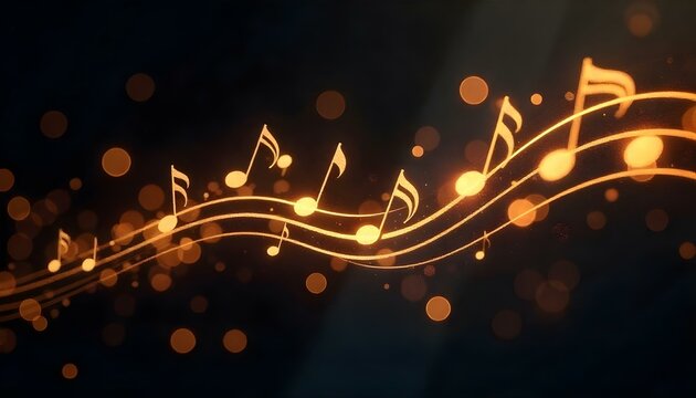 
Ilustraci&oacute;n de notas musicales y l&iacute;neas de pentagrama brillando sobre un fondo oscuro, con efecto bokeh. La paleta de colores es monocrom&aacute;tica, con tonos de negro y dorado