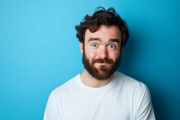 Obraz premium retrato de un hombre atractivo con el pelo oscuro y barba, vestido con una camiseta blanca, mirando confundido mientras hace una cara divertida contra un fondo azul pastel