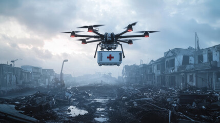 high-tech drone with a medical container navigating through a storm-damaged coastal town, advanced logistics in disaster response