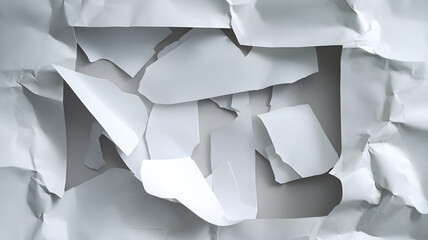 A photo of a white paper texture with a crumpled, rough effect. The paper has been lightly crumpled and then flattened out again, creating an irregular pattern of wrinkles and folds. 