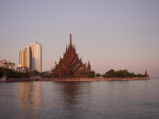 Morning view of the Sanctuary of Truth wooden temple in Pattaya, Thailand	